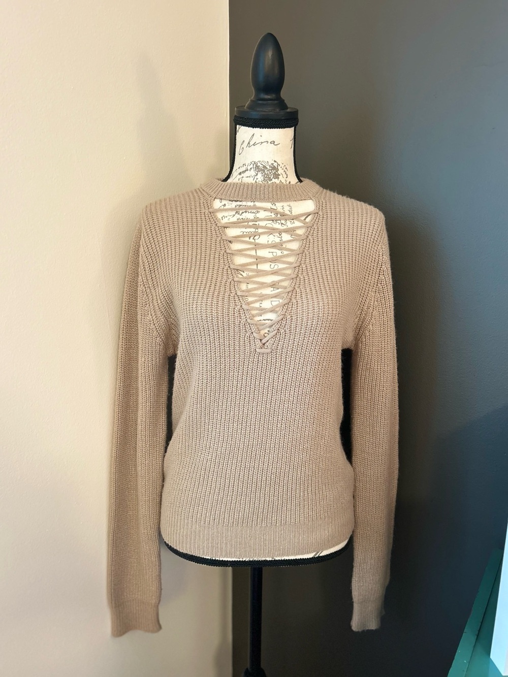 Lace-Up V-Neck Knit Sweater in Taupe